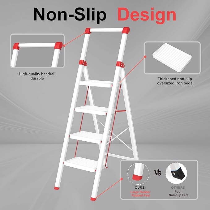 Foldable Step Ladder Stool for Home,4 Step Stool with Wide Anti-Slip Pedal, Heavy Duty 600Lbs Ladder for Indoor Kitchen Closet Stair Use, White Red