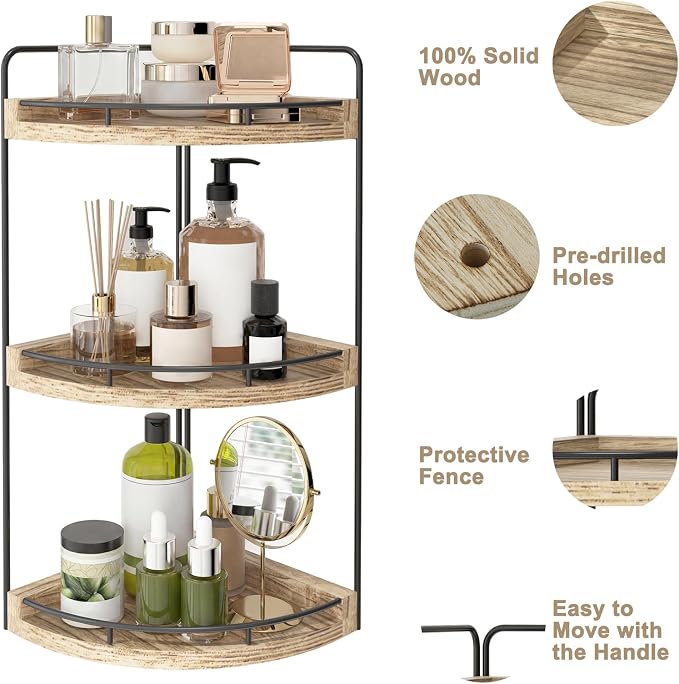 Fixwal Bathroom Counter Organizer, 3 Tier Rustic Bathroom Shelves Corner Organizer, Wood Countertop Storage Tray for Vanity, Kitchen, Bedroom (Light Brown)