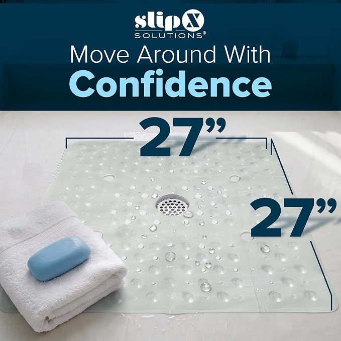 SlipX Solutions 27" Oversize Square Shower Mat, Non-Slip Mat for Elderly & Kids, 100+ Power Grip Suction Cups for Smooth Surfaces, Machine Washable, White Pearl