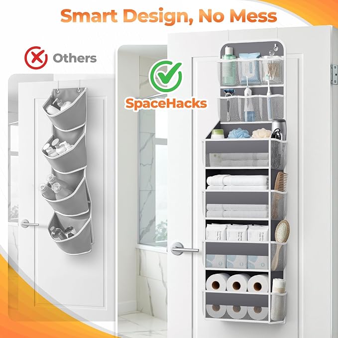 SpaceHacks 6-Tier Over the Door Organizer with Mesh Pockets, Baby Nursery Storage for Closet, Bathroom and Bedroom, Adjustable Hanging Closet Organizer for Cosmetics, Books and Essentials (Dark Grey)