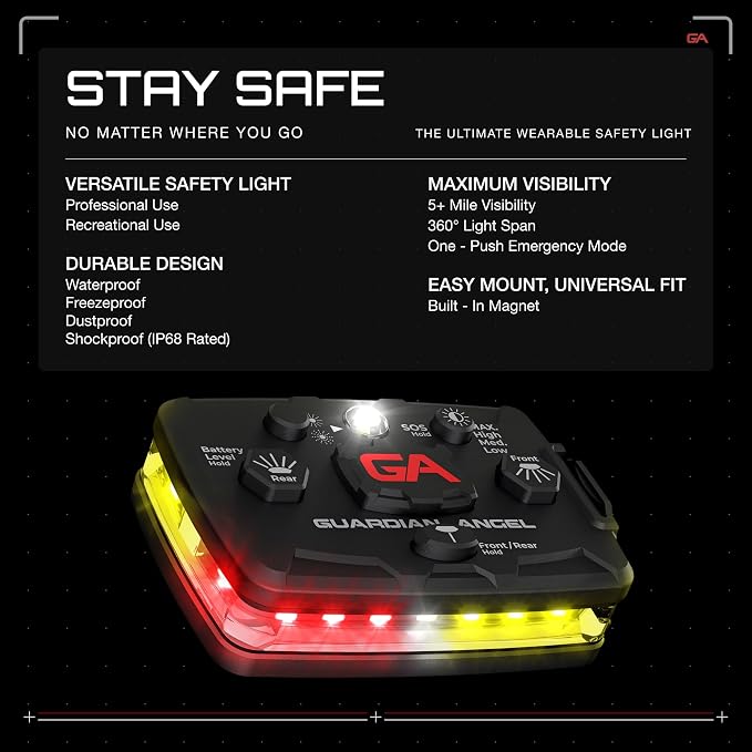 Guardian Angel Elite Series Safety Light - (Red/Yellow Front & Red/Yellow Rear) - Rechargeable, Magnetic, Hands-Free Wearable LED Light for First Responders, Firefighters, Rescue Ops & Industrial PPE