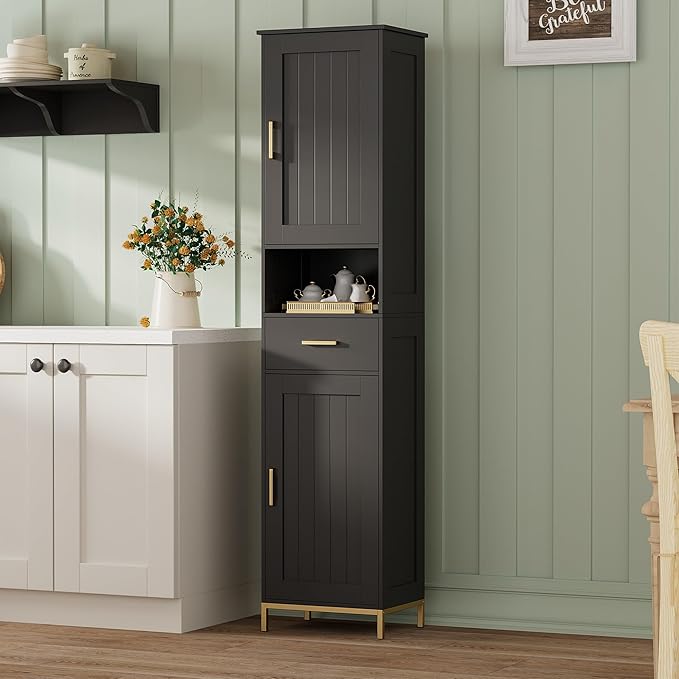 Homhedy 67" H Bathroom Storage Cabinet, Tall Storage Cabinet with Adjustable Shelves, Freestanding Cabinet with Doors and Drawer, Narrow Cabinet for Bathroom, Living Room, Kitchen, Dining Room, Black