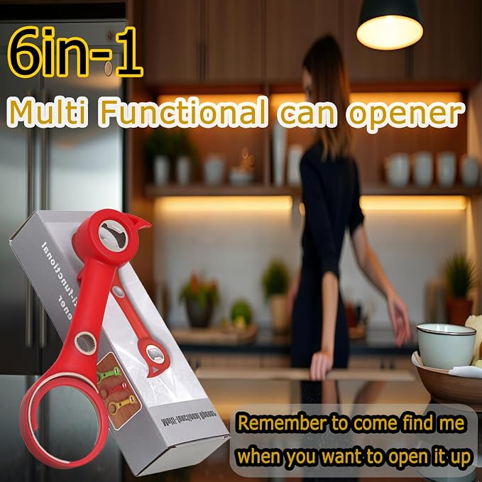 6in-1 Multi Functional Can Opener, Easy to Open Can/Beer/Jam Bottle Caps, labor-saving and anti slip handle, suitable for kitchen can openers, pull tab cans, vacuum caps, and twist caps(Red)