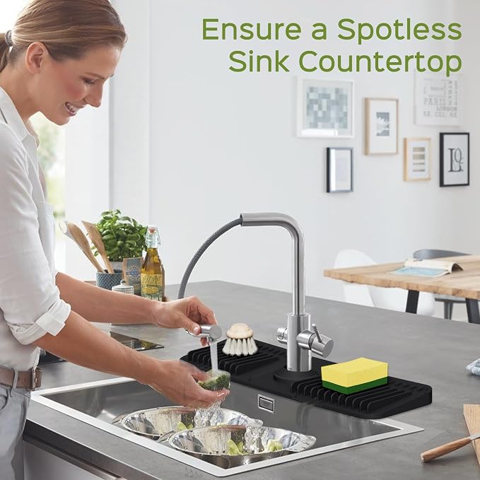 18 Inch Silicone Faucet Mat for Kitchen Sink Splash Guard – 2025 Upgraded Draining Mat with Water Tray Behind Faucet – Countertop Protectors to Catch Spills (Black, 17.7" x 5.5")