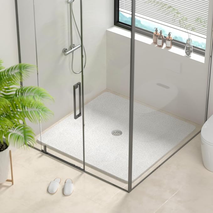 HITSLAM Square Shower Mat, 40 x 40 Inch Non Slip Bath Mat for Tub, Soft PVC Loofah Bathtub Mats with Drain Holes, Quick Drying Bathroom Stall Floor Mat, Bathroom Accessories Without Suction Cup, White