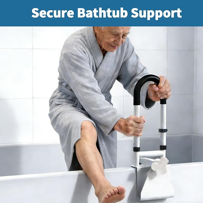 Adjustable Bathtub Handle and Grab Bar, Bathtub Safety Rail with Non-Slip Grip for Seniors, Elderly, Fits 3.1 to 6.7 Inch Tub Walls, Supports 300 lbs