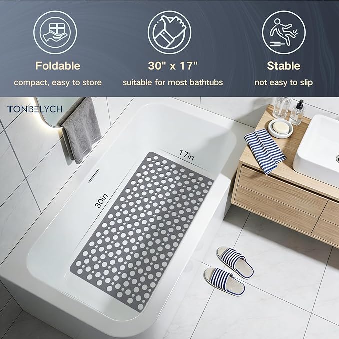 Non Slip Bath Mat for Shower & Bathtub - 30x17 Inch with Strong Suction Cups and Drain Holes, Quick-Dry, Machine Washable Floor Mat for Elderly, Kids & Pets