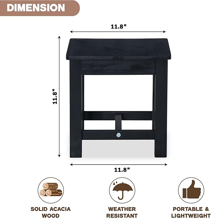 VICTORY RELAX 12 Inch Wooden Black Step Stool, Small Nature Beach Chair Under Desk, Indoor Acacia Wood Short Footstool for Living Room, Kitchen, Bathroom