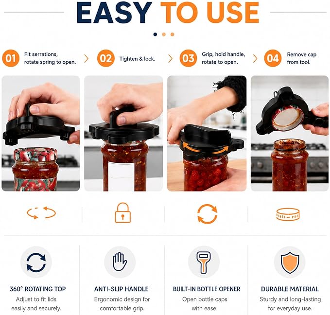 2 in 1 Adjustable Jar Opener for Seniors, Effortless Stainless Steel Lid Opener for Weak Hands & Arthritis, Multi-Function Bottle and Cans Opener, Unique Father's Day Gifts for Men (1PC) (Black)