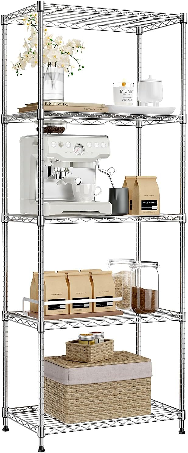 IZEUK 5-Tier Chrome Metal Storage Shelves, Adjustable Wire Shelving Unit for Kitchen, Bathroom, Pantry, Office, Garage, Organizer Wire Rack, 1250 lbs, 13.7" D x 23.6" W x 63" H