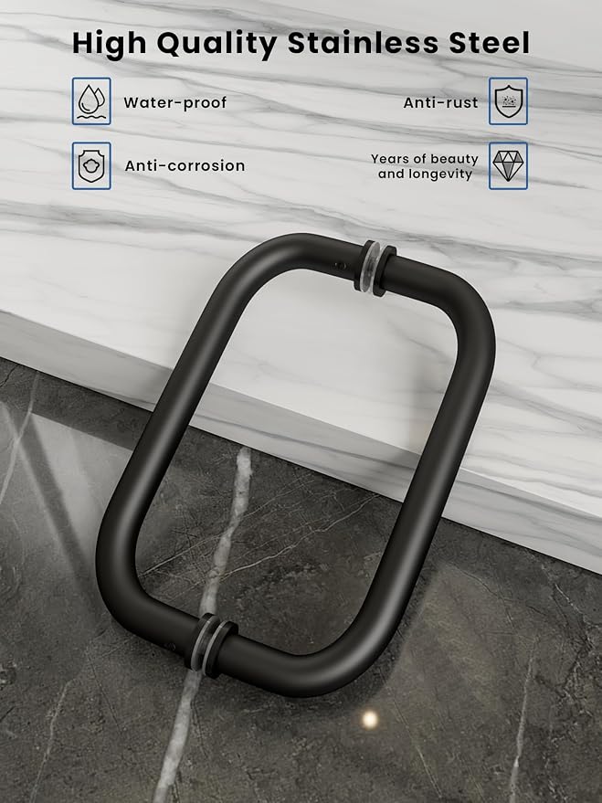 Shower Door Handle, 8 Inch Hole Centers (CTC), 304 Stainless Steel Back-to-Back Glass Door Pull Replacement Hardware for Frameless Sliding Bathroom Doors, Heavy Duty Tubular Grip, Matte Black