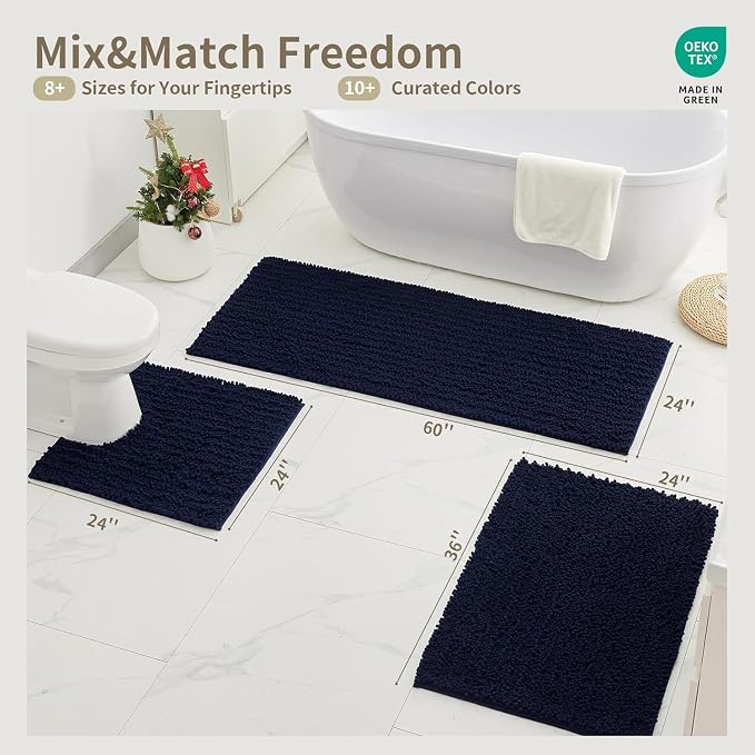 Toilet Rugs U-Shaped Mat 24x24, Contour Bathroom Mat - Ultra Soft & Absorbent Chenille, Quick-Dry, Machine Washable with Non Slip Barrier Backing, Navy Blue