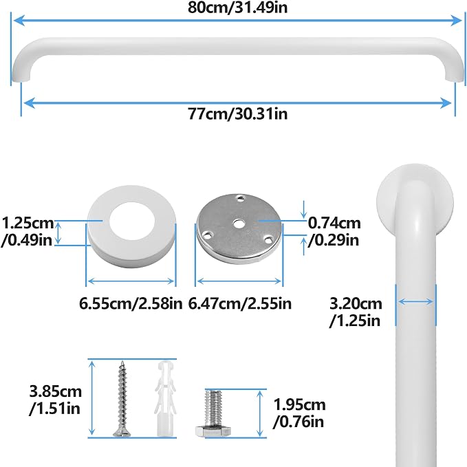 Shower Grab Bar, 2 Pack 32 Inch White Bathroom Safety Bar, 1.25" Diameter 304 Stainless Steel Grab Bars for Bathtubs and Showers, Handicap Shower Grab Bar for Seniors Elderly