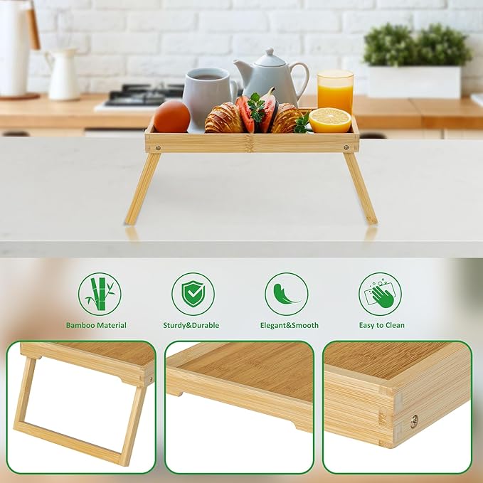 Bamboo Bed Tray Table with Folding Leg, Breakfast in Bed Tray for Eating,TV Table, Laptop Computer,Snack,Sofa or Working, Laptop Desk (1, Beige)