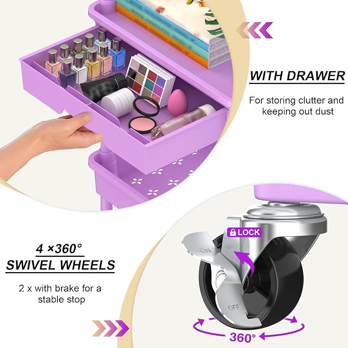 Goovilla 3 Tier Rolling Utility Cart Organizer with Removable Drawer, Stable and Sturdy Purple Rolling Storage Carts with 2 Lockable Wheels for Bathroom, Kitchen, Snack, Craft, Makeup, Baby Essentials