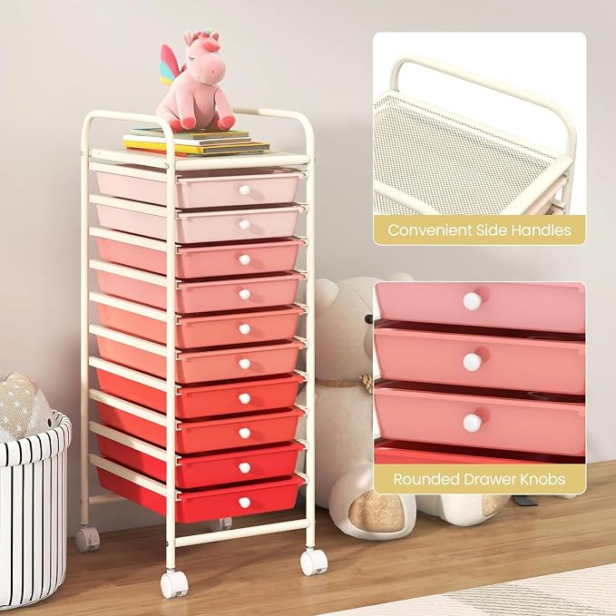 10-Drawer Rolling Storage Cart, Trolley w/Lockable 360° Wheels, 10 Removable PP Drawers, Sturdy Metal Frame, Rolling Utility Cart Perfect for Home, Office, Classroom (Mixed Pink)