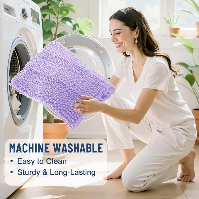 Grandaily Chenille Striped Bathroom Rugs 47x24, Extra Thick and Soft Absorbent Bath Mats, Rubber Backing, Plush Shaggy Shower Carpet, Machine Wash Dry, Bath Rug for Bathroom, Light Purple