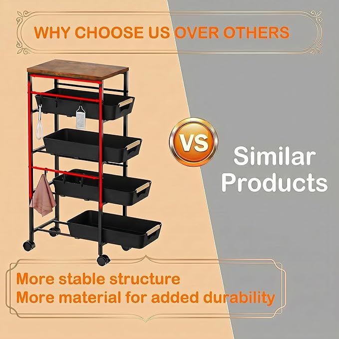 5-Tier Slim Storage Cart, Wooden Top Rolling Kitchen Cart with Pull-Out Baskets & Wheels, Narrow Space Utility Cart Slide Out Organizer for Kitchen, Bathroom, Laundry Room, Black