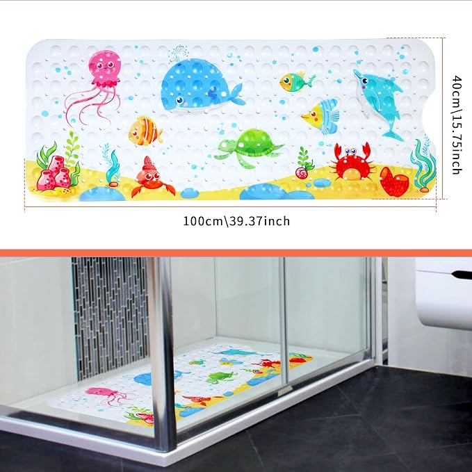 Bath Mat for Tub Non Slip, Machine Washable Anti Slip Cartoon Baby Bathtub Shower Mat with Drain Holes and Suction Cups for Toddler & Kids, 40 Inch x 16 Inch-Rectangular, Little Whale