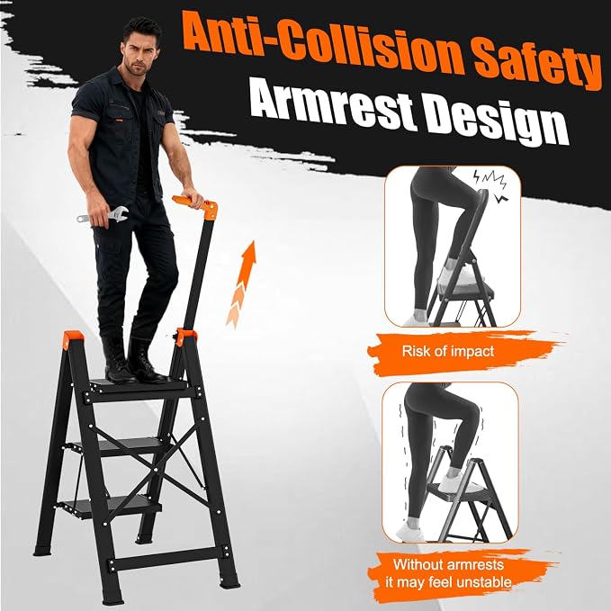 3 Step Ladder with Single Handrail,Retractable Handgrip 3 Folding Step Stool,Lightweight Aluminum Step Ladder 3 Step Folding,600lbs Max Load Capacity for Household,Kitchen,Office