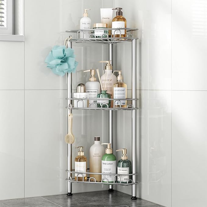 SWTYMIKI Standing Shower Caddy Corner - 3‑Tier Stainless Steel Shower Organizer Shelf with 12 Hooks and Adhesive Pads, Rustproof Corner Shelves Stand Rack for Bathroom Shower Room, Silver