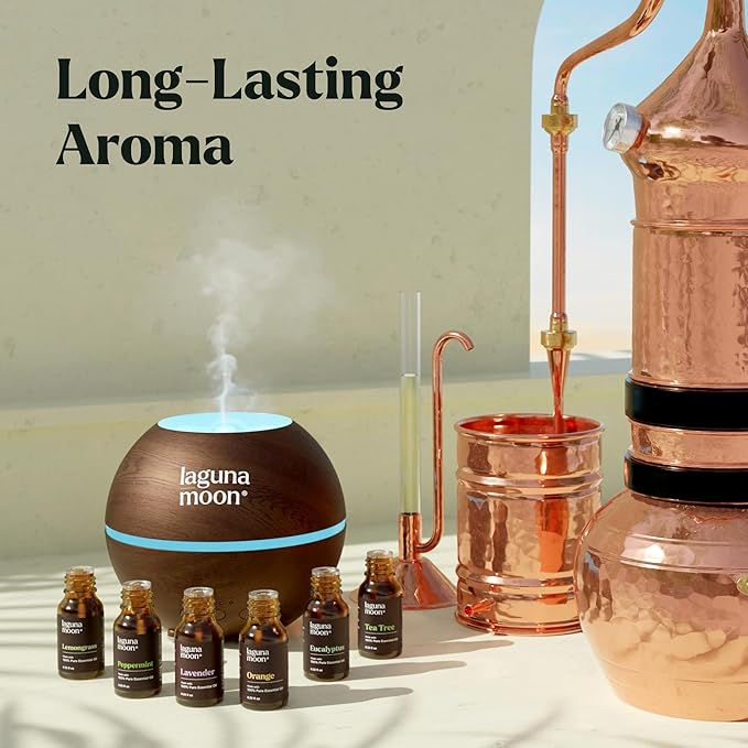 Lagunamoon Essential Oils Aromatherapy Set - 6 Oils for Diffusers, Home Care, Candle Making Scents, Fragrance, Humidifiers, Gifts - Peppermint, Tea Tree, Lavender, Eucalyptus, Orange (10mL)