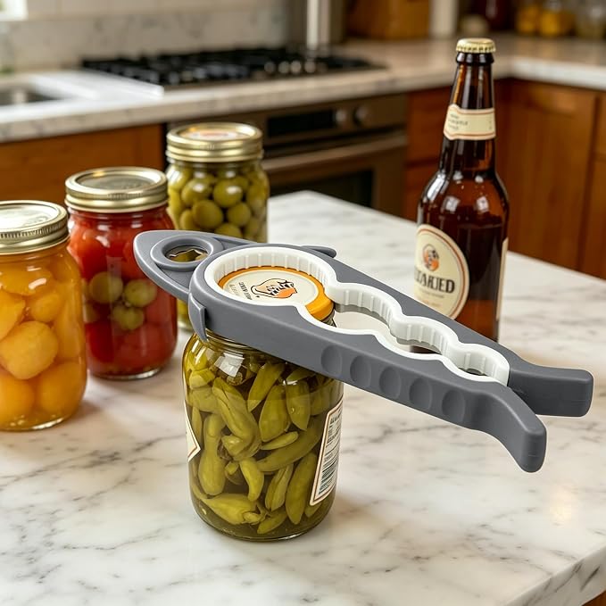 Jar Opener Bottle Opener for Arthritis, 5-in-1 Multifunctional Jar Opener, Easy to Use for Seniors and Weak Hands, Shark Shape Kitchen Gadget for jar, Beer and Bottle (Grey and White)