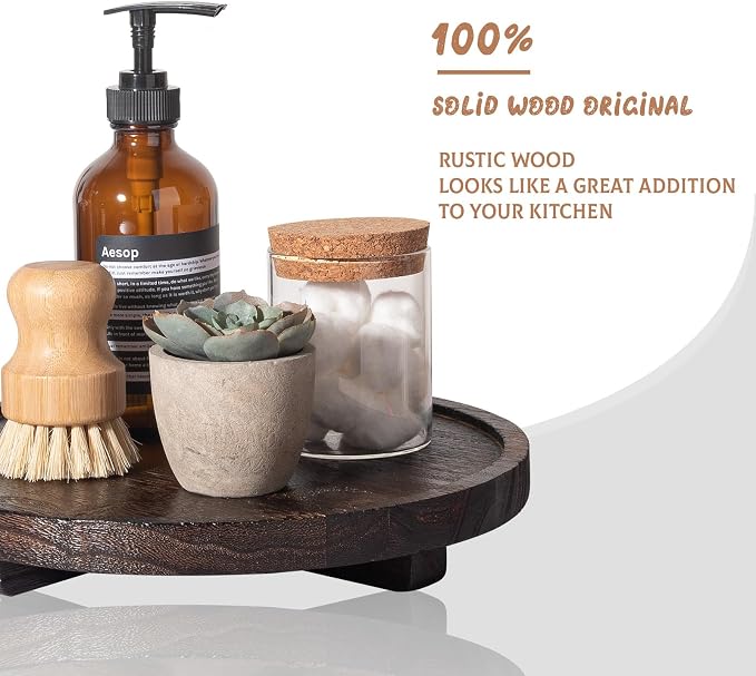 Round Decorative Tray Wood Bathroom Counter Organizer Farmhouse Kitchen Decor Wooden Riser for Soap Dish, Perfume, Candle, Sponge, 10" - Dark Brown