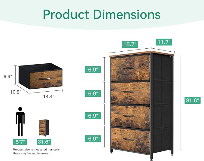 AODK Dresser for Bedroom with 4 Storage Drawers, Small Dressers Chest of Drawers Fabric Dressers with Sturdy Steel Frame, Dresser for Closet with Wood Top, Vintage