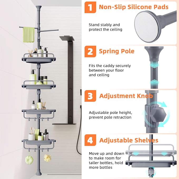 XLHOMO 32-122inch Corner Shower Caddy Tension Pole Grey, Rustproof Drill-Free Shower Shelves for Bathroom Bathtub Washbasin, Adjustable Shower Organizer with 4 Tier Patent Stable Shelves & Towel Bars