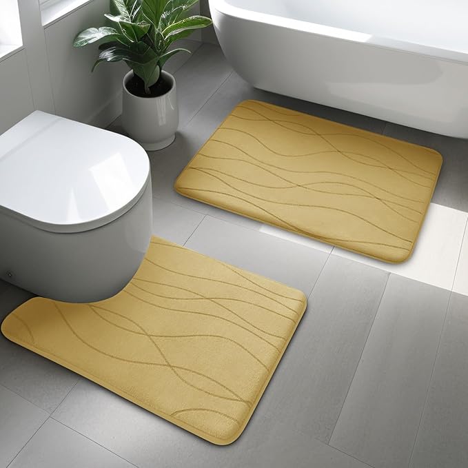 YIHOUSE Memory Foam Bathroom Rug Sets, 2 Piece, Beige-U Shape & Small Mat | Ultra Soft, Absorbent, Non-Slip, Machine Washable