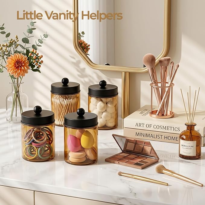 Amolliar 4 Pack Apothecary Jars Bathroom Vanity Storage Organizer Set -Countertop Canister with Stainless Steel Lids &Stickers Qtip Dispenser Holder for Cotton Swab (Amber-black Lid)
