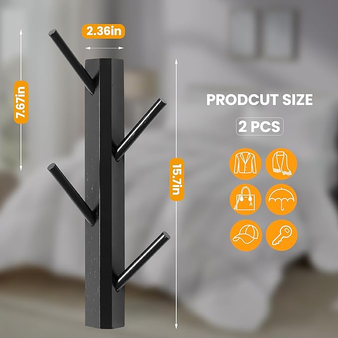 TIOPGHAD 2 Pack Small Vertical Coat Rack Wall Mount, Bamboo Coats Hooks Clothes Holder Hanger for Wall Coat Hat Jacket Clothing Bathroom Robes Entryway(Black)
