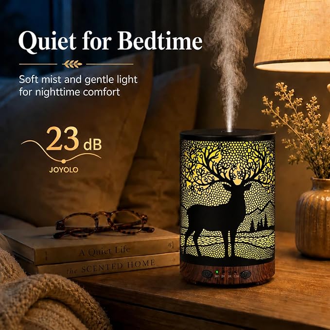 Essential Oil Diffuser 120ML Metal Aromatherapy Diffuser with Timer, Cool Mist Humidifier with Auto Shut-Off & 7 Color Lights for Home Office Spa (Forest Deer)