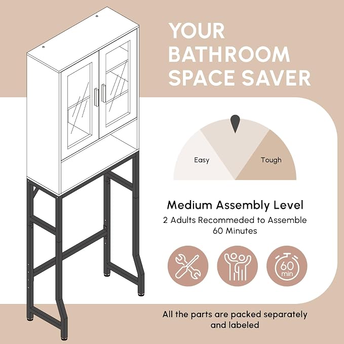 USHOWER Over The Toilet Storage Cabinet, Bathroom Organizer with Tempered Glass Doors, Thicken Metal Stand & MDF Wood, Freestanding Space Saver, White