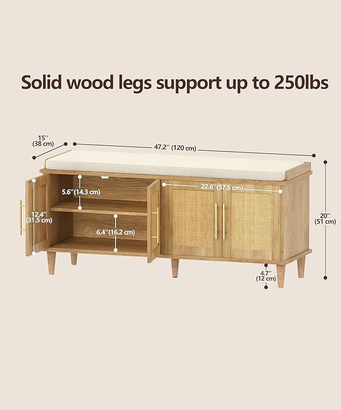 Akxomel Rattan Shoe Storage Bench with Cushion, 2-Tier Entryway Bench with Adjustable Shelves and 4 Doors, 15" D x 47.2" W x 20" H, Solid Wood Legs, for Hallway, Living Room, Bedroom, Natural Oak
