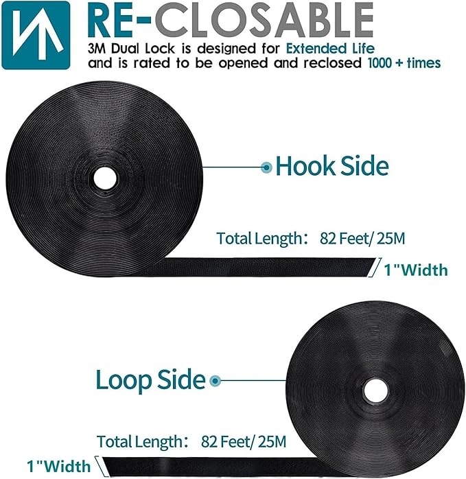 1 Inch x 82 Feet Black Self Adhesive Hook and Loop Tape Sticky Back Roll, Nylon Heavy Duty Strips with Adhesive, Multi-Function Hook Loop Tape for Crafting & Wall Hanging - Black
