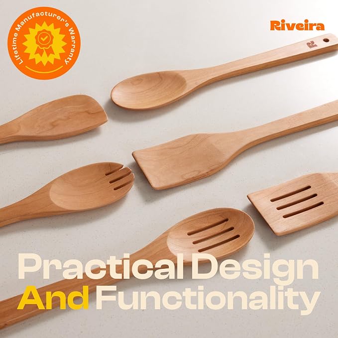 Riveira Cherry Wooden Spoons for Cooking Set of 6 – Natural Cherry Wooden Cooking Utensils, Wooden Spatula, Wooden Spoon - Premium Quality Utensil Set for Non-Toxic Cooking