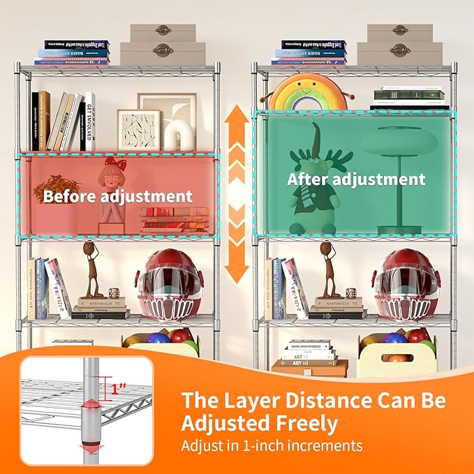 BestOffice | 5-Tier Wire Storage Shelves with Wheels | 14 x 30 x 61 | Chrome | with Adjustable Racks | Heavy-Duty Metal Shelf, Holds Upto 1250 lbs | No-Tool Assembly | Ideal for Home & Garage Shelving