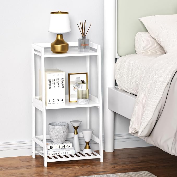 POXAKA 3 Tier Bamboo Bathroom Shelves, Ladder Shelf for Storage, Rustic Home Organizer, Space-Saving Design, Stylish Display Nightstand, Stylish Storage Solution for Home, Living Room, Kitchen