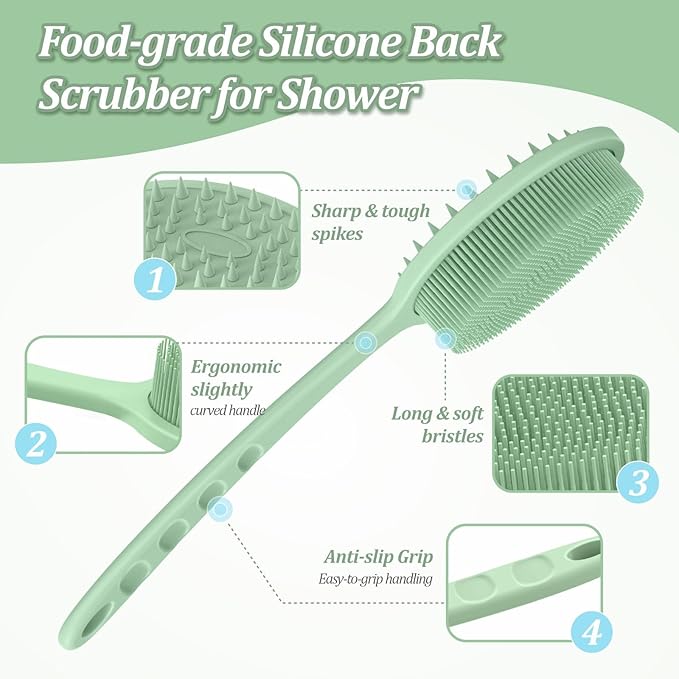 Silicone Back Scrubber & Bath Glove Set 2PCS, 13.4'' Gentle Shower Back Scrubber with Dual-Side Head Non-Slip Handle, 360° Anti-Slip Hand-fit Bath Glove for Rich Foaming Deep Cleaning(Green)