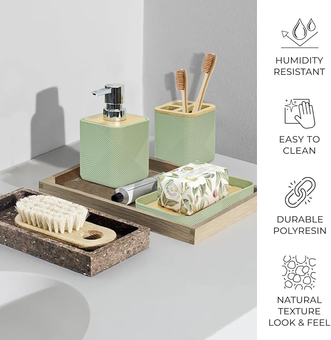 CERBIOR Bathroom Accessories Set 6 Piece Bamboo Bath Ensemble Includes Soap Dispenser, Toothbrush Holder, Toothbrush Cup, Soap Dish for Decorative Countertop and Housewarming Gift (Green)