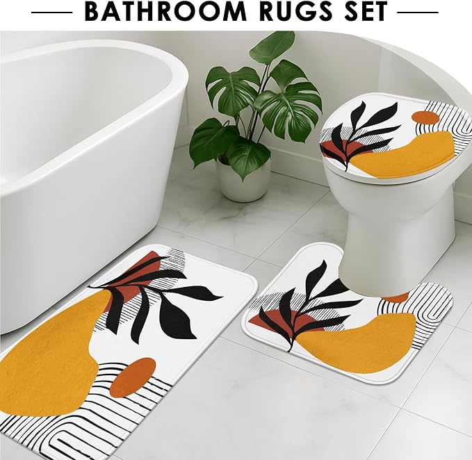 Boho Mid Century Shower Curtain Set with Toilet Lid Cover and Non-Slip Rugs, Botanical Wall Art 4 Pcs Shower Curtain, Minimalist Geometric Bathroom Set Decor with 12 Hooks