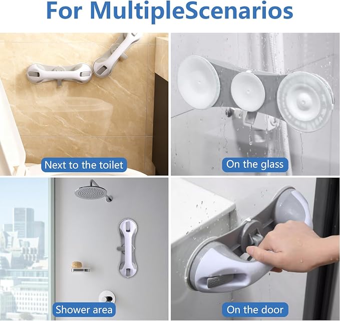 2-Pack Grab Bars for Shower :3 Strong Suction Cups, No-Drill Removable Bathroom Handrails for Seniors and Disabled Waterproof Shower Grab Bar for Toilet, Tub & Shower