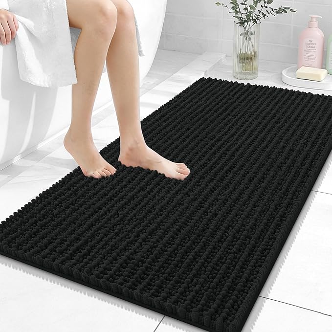 OLANLY Bathroom Rug Mat 44x24, Thick Soft and Absorbent Chenille Bath Mat, Non-Slip Rubber Backing, Machine Washable Quick Dry Bath Rugs for Tub Shower Floor, Home Decor Accessories, Black