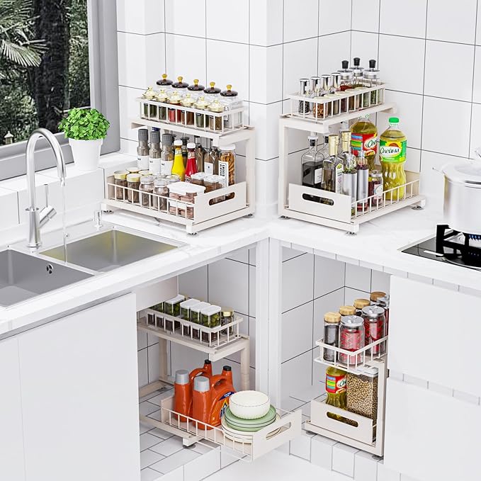 Under Sink Organizer, Heavy Duty Metal Pull Out Cabinet Organizer Slide Out Sink Shelf Organizer Height Adjustable, Multi-Purpose Storage Shelf for Kitchen Bathroom(Sand,2Pack)