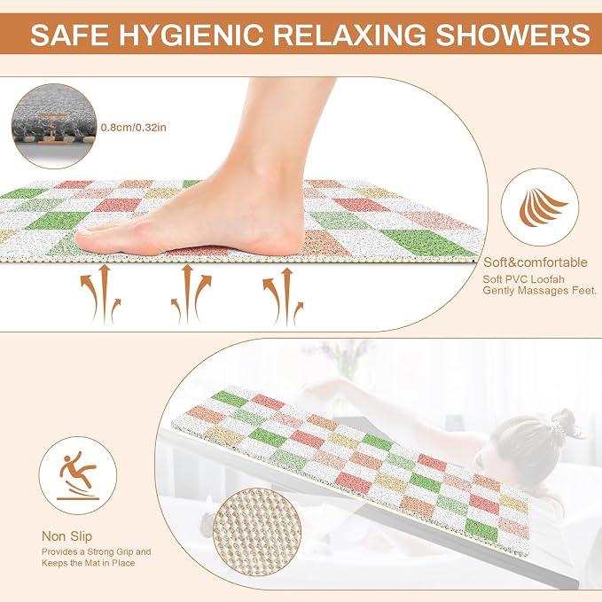 BLESWIN Loofah Mats for Shower 24"x16", PVC Bath Mat for Inside Shower, Bath Mat for Tub Non Slip, Checkered Shower Quick Dry Mats with Drain Hole, Colorful Checkered