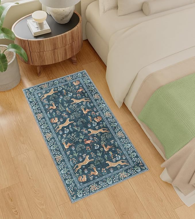 DUKINO 2x4 Rug for Hallway, Washable Kitchen Runner Rug with Non Slip Backing, Soft Low Pile Vintage Animal Runner for Bedroom, Kitchen, Hallway, Entryway, Laundry, Blue