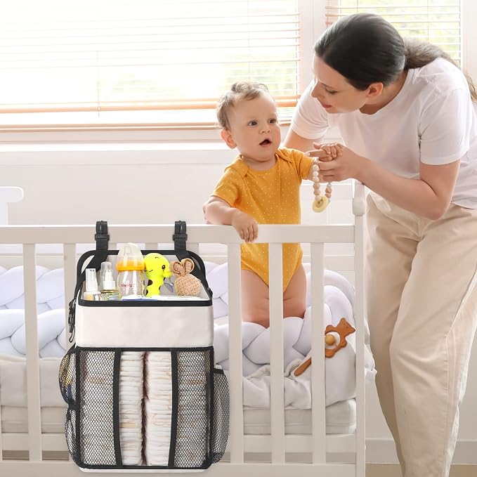 Maliton Hanging Diaper Organizer - Caddy for Changing Table, Crib, Pack n' Play - Stacker Holds 52+ Diapers - Nursery Organizer & Baby Shower Gifts - Beige
