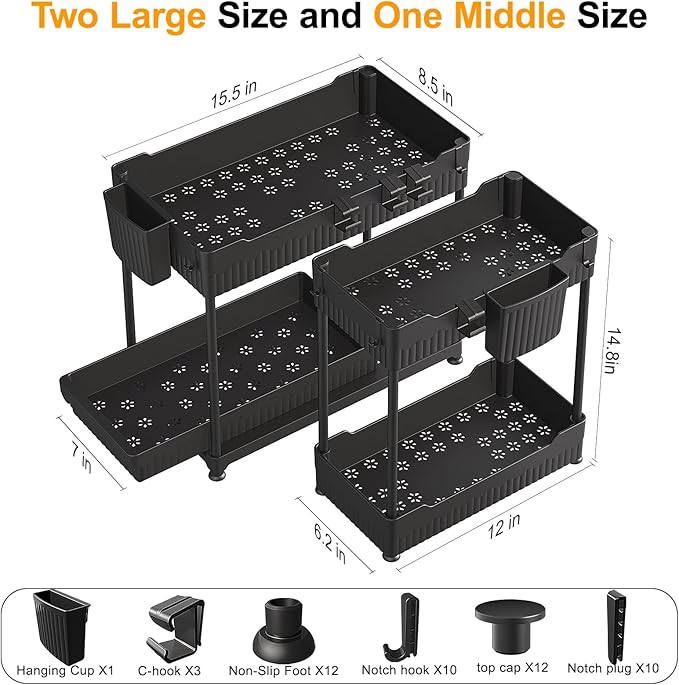 Sevenblue 3 Pack Under Sink Organizers,2-Tier Multi-Use Kitchen and Bathroom Organizers and Storage with Sliding Drawers,Bathroom Cabinet Organizer (Black, 14.8 Inch)